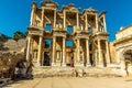 A close up of the grandiose two storey facade of the Celsus Library in Ephesus, Turkey