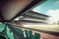 close-up of the grandstand with a single free seat and view of the racing field in the background