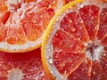 Close up of grapefruit slices with water drops. Citrus background Generative AI