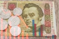 Close-up graphics and Ukrainian banknote of 100 hryvnia. The concept of the economic crisis, the fall of the economy, income. Hryv