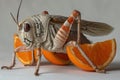 A close up of a grasshopper sitting on an orange slice, AI Royalty Free Stock Photo