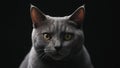 Close Up Gray Cat With Yellow Eyes isolated on a black background. Generative AI. Royalty Free Stock Photo