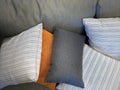 Close up gray fabric couch Sofa with colorful backrest pillows, comfortable, relax, rest, cozy, homy style,