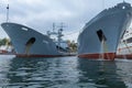 Close-up of gray ships of the Russian Black Sea Fleet in the port of Sevastopol. A ship on guard of peace.