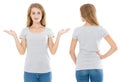 Close up of gray t shirt set. Woman in blank template tshirt with copy space isolated on white background. Front and rear view. Royalty Free Stock Photo