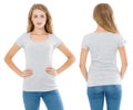 Close up of gray t shirt set. Woman in blank template tshirt with copy space isolated on white background. Front and rear view. Royalty Free Stock Photo