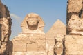 Close up of Great Sphinx of Giza, Egypt. Limestone statue of a reclining sphinx, mythical creature with the body of a lion and the Royalty Free Stock Photo