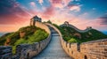 A close-up of the Great Wall of China, with its ancient stonework and winding pathways visible.