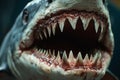 Close-up of a great white shark with its mouth wide open, revealing rows of sharp teeth, creating a sense of danger and awe Royalty Free Stock Photo