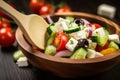 Close-up of Greek Salad with Cherry Tomatoes, Cucumbers, Feta Cheese, and Olives in a Wooden Spoon Royalty Free Stock Photo