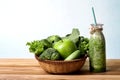 Close up green apple with mixed green vegetable and green juice Royalty Free Stock Photo
