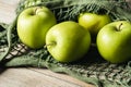 Close-up, green apples in a mesh shopping bag.