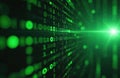 Close-up of green binary code data streams in digital matrix. Ones, zeros encryption tech, cyberspace abstract background. Royalty Free Stock Photo