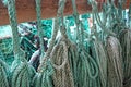 Close up of green blue turquoise rope Hanging up on wood used for fishing or sailing, Norway.