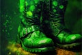 Close-up of green boots that a leprechaun might wear on St. Patrick\'s Day in Ireland, with blank space for text