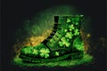 Close-up of green boots that a leprechaun might wear on St. Patrick\'s Day in Ireland, with blank space for text