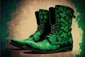 Close-up of green boots that a leprechaun might wear on St. Patrick\'s Day in Ireland, with blank space for text