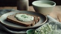 Close-Up of Green Buckwheat Bread and Organic Buckwheat Milk on Gray Homemade Ceramic Plate with Linen Napkin AI Generated