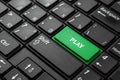 Close up green button with the word Play, on a black keyboard. Creative background, copy space. Concept of magic button