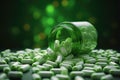 close-up of green cannabis pills spilling from a white bottle