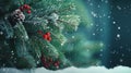 Close up green Christmas tree branches in snow background Royalty Free Stock Photo