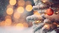 Close up green Christmas tree branches in snow background Royalty Free Stock Photo