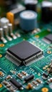 Close-up of a Green Circuit Board with Chip, Resistors, and Integrated Circuits for Electronics and Computer Technology Royalty Free Stock Photo