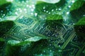 Close-up of Green Circuit Board, Detailed View of Electronic Components, Microchip patterns flowing freely like leaves in the wind