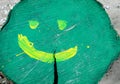 Green colorful tree trunk hand painted with a yellow smiling face