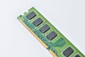 Close-up of a green computer RAM module with black memory chips on a white background Royalty Free Stock Photo