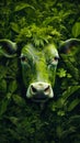 Close up of green cow's face surrounded by green leaves. Generative AI Royalty Free Stock Photo