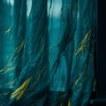 a close up of a green curtain with yellow feathers