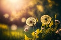 Close up green dandelions flower with natural blurred green background with sunlight Royalty Free Stock Photo