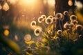 Close up green dandelions flower with natural blurred green background with sunlight Royalty Free Stock Photo