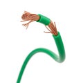 Close-up of a Green Electrical Wire with Exposed Copper Strands on a White Background cable Royalty Free Stock Photo