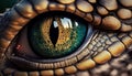 Close-up of a green eye of a crocodile. Macro