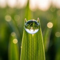 The dew drop acts as a lens, reflecting and inverting the surrounding foliage Royalty Free Stock Photo