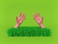 Close up of green grass with dirty hands. minimal nature concept. 3d rendering