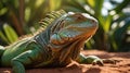 Majestic Green Iguana Resting on Red Sand in Tropical Sunlight Royalty Free Stock Photo