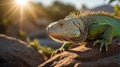 Green Iguana basking in the sunlight on the rocks, showcasing its vibrant colors and spiky crest Royalty Free Stock Photo