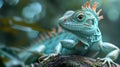 Close up of a green iguana on a tree in the forest Generative AI
