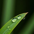 A close-up of a green leaf displays round, translucent water droplets resting on its Royalty Free Stock Photo