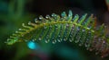 a close up of a green leaf with drops of water on it\'s leaves and a blurry background of green leaves and water droplets Royalty Free Stock Photo