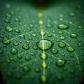 Close-up of a green leaf with numerous water droplets on its surface. The droplets Royalty Free Stock Photo