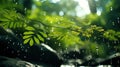 A close up of a green leaf in the rain with water droplets, AI Royalty Free Stock Photo