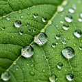 Close-up of a green leaf with water droplets. The leaf\'s surface shows a network of veins, and the Royalty Free Stock Photo