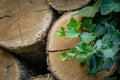 Close-up green leaves English ivy Hedera helix, European ivy on chopped and stacked pile of natural oak wood background Royalty Free Stock Photo