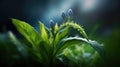 Close-up of green leaves and flowers, with focus on one particular flower. This flower is in full bloom, showcasing its