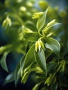 Close-up of green leaves and flowers on same stem. These leaves are located near top of plant, while flowers are