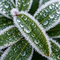 Close up of green leaves with serrated edges covered in frost and Royalty Free Stock Photo